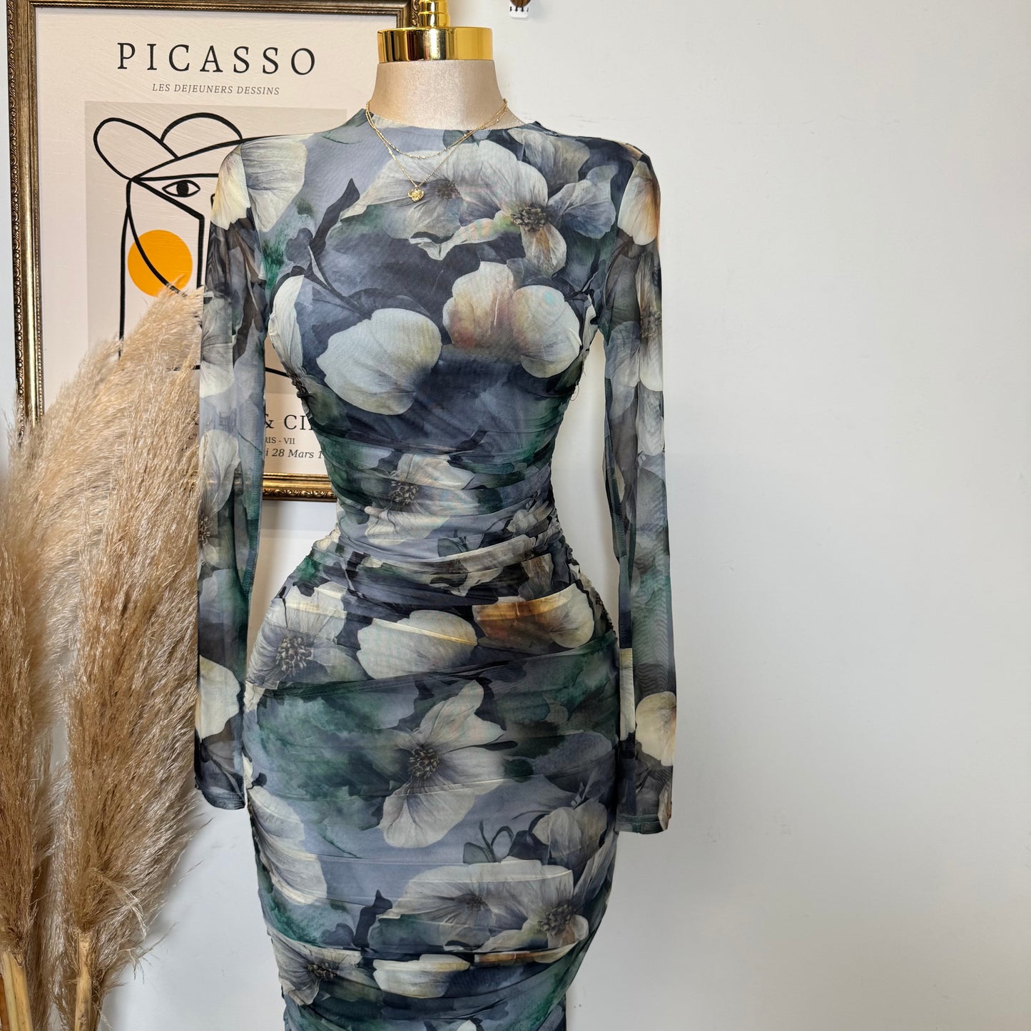 Long Sleeve Mesh Dress-Blue