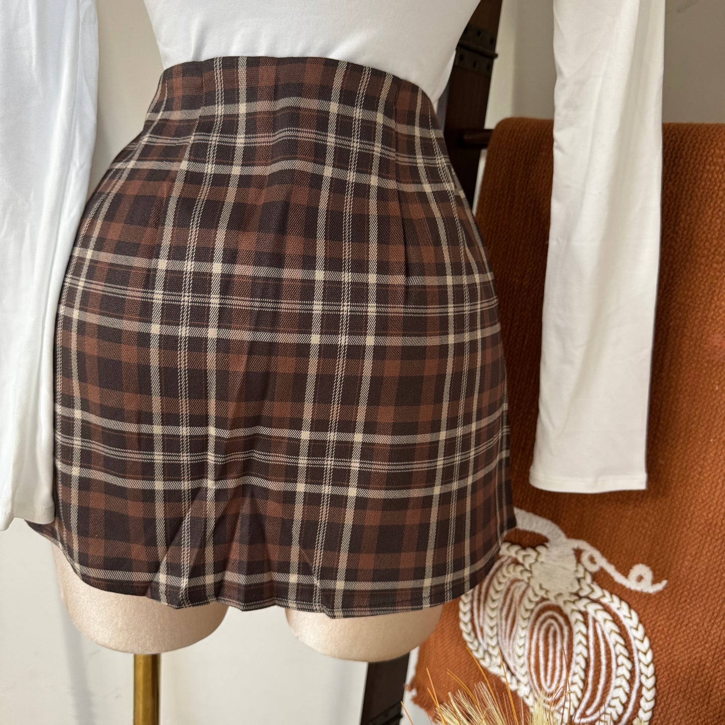 Split Front Plaid Mini Skort -Brown