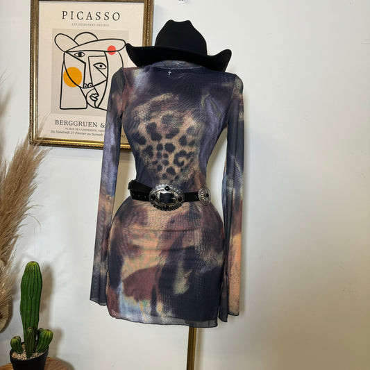 TORY Mesh Long Sleeve Dress-Multi Cheetah Print