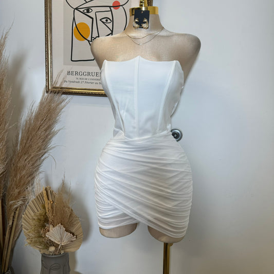 Stretch Woven Corset Detail Mesh Ruched Mini Tube Dress-White