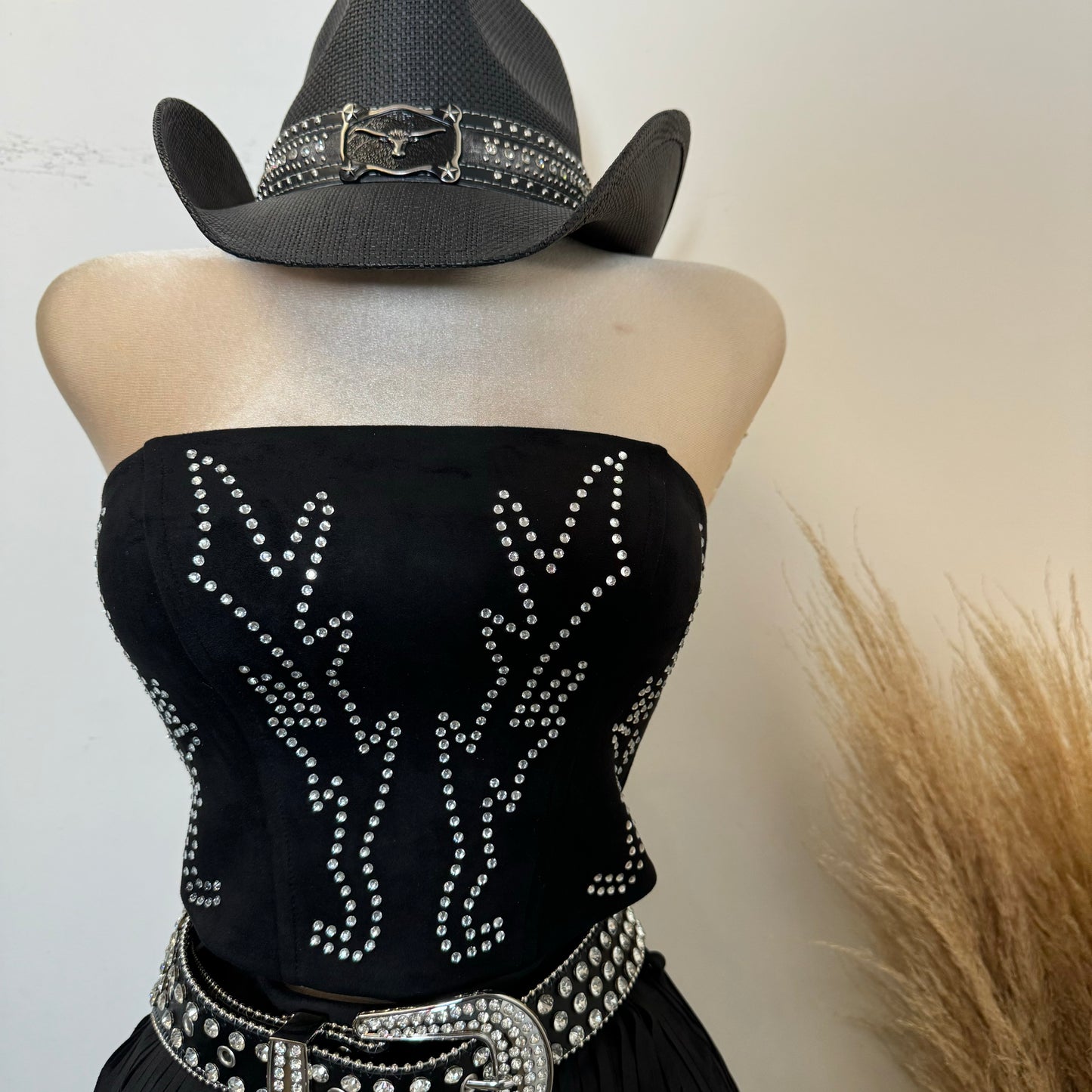 Western Style Rhinestone Tube Top-Black