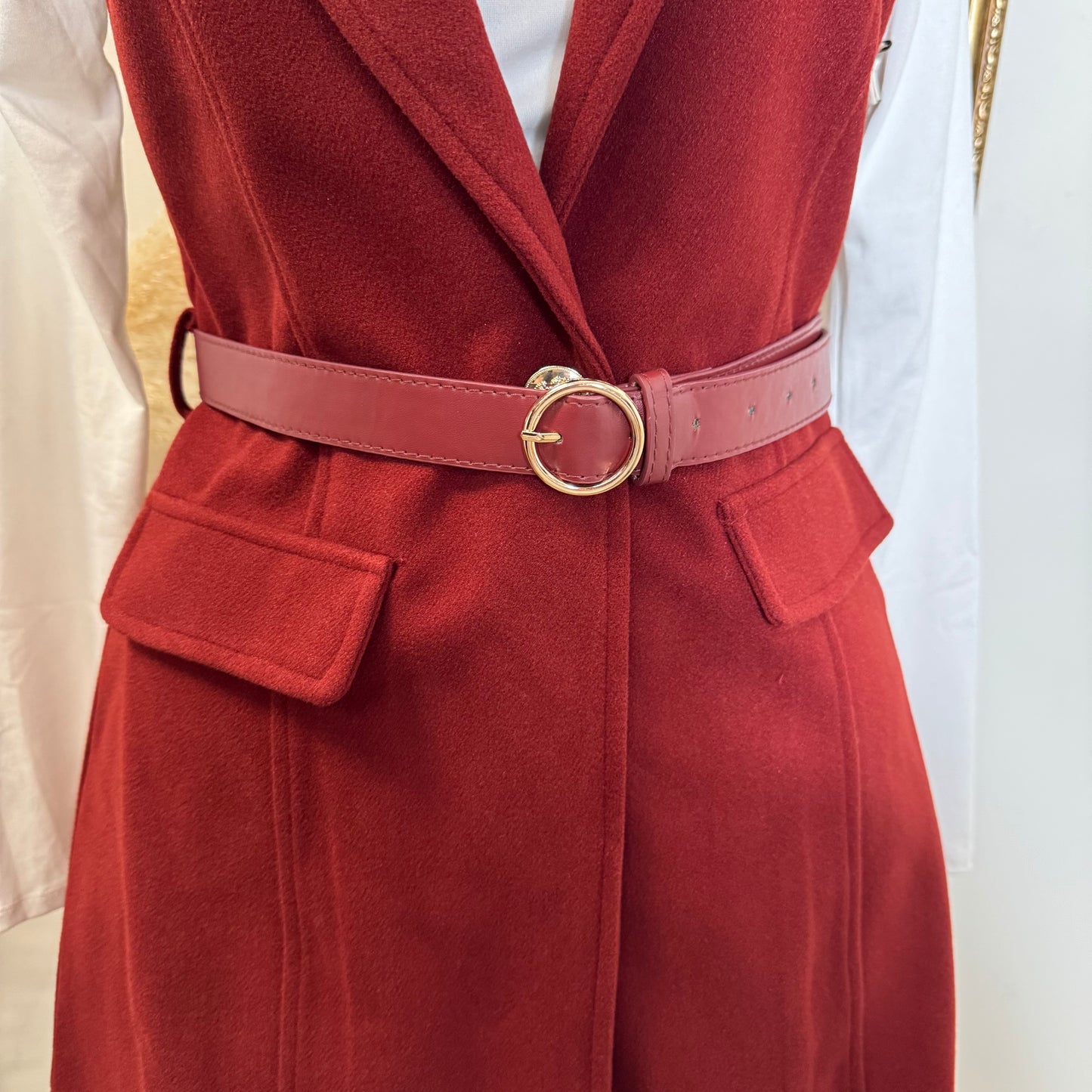 Brush leather Belted Blazer Coat Vest-burgundy