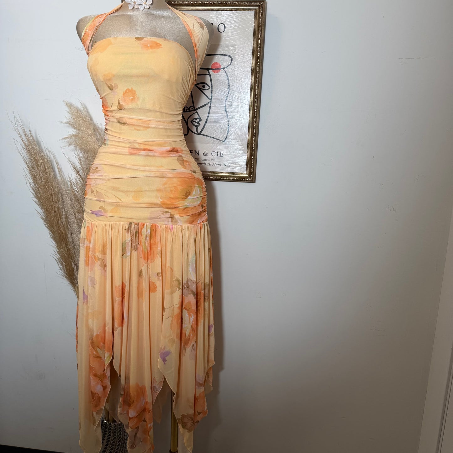 Printed Mesh Strapless Ruched Asymmetric maxi Dress-Peach Orange