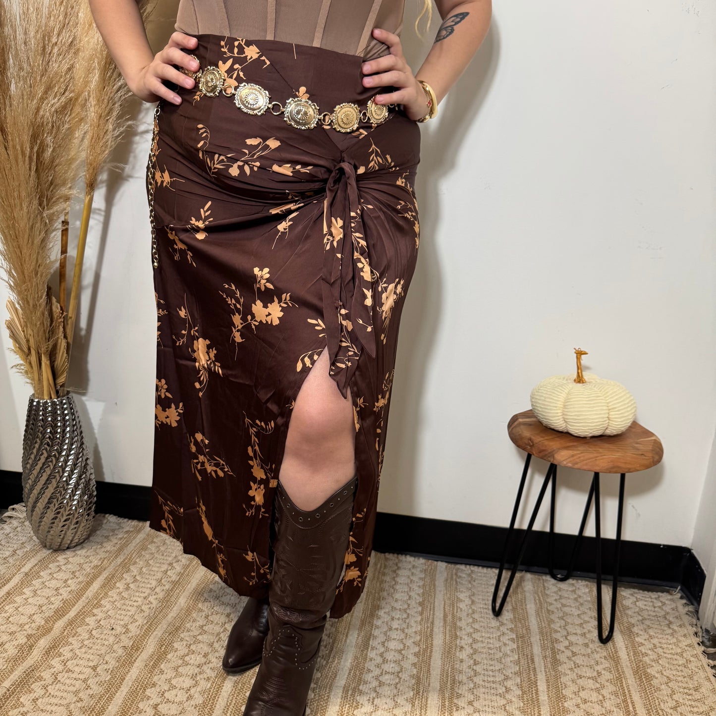 Print Satin Skirt Open Slit Dress-Brown