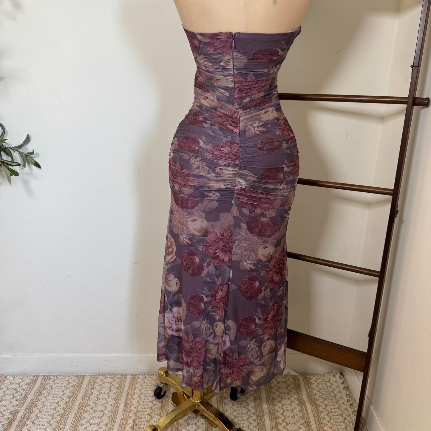 Mesh Print Tube Ruching Maxi Dress-Lavander