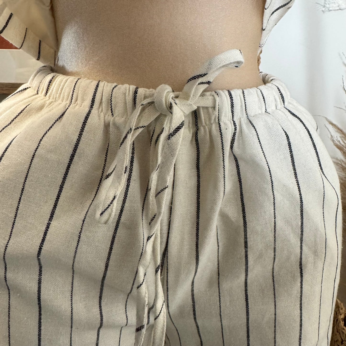 Knot Linen Pant Set-White and Black Stripes