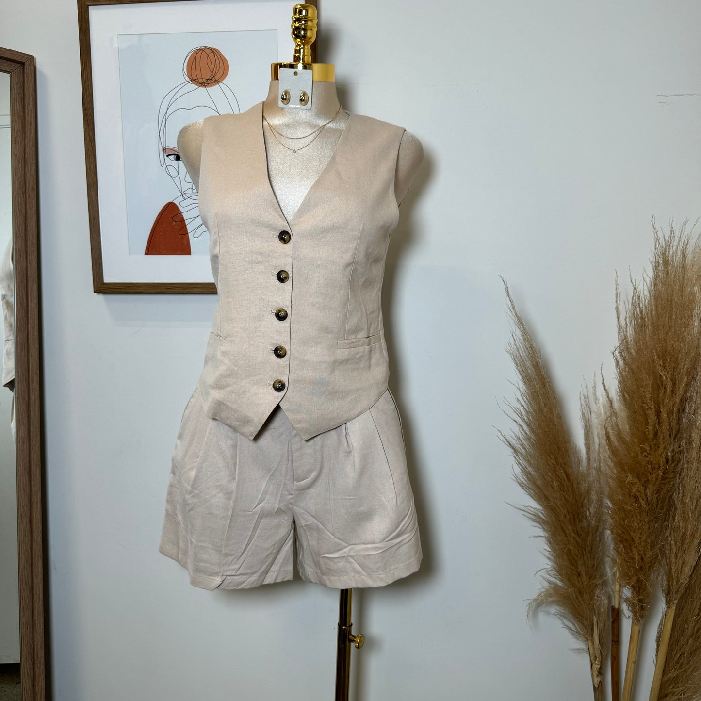 Vamonos Linen Short Vest Set-Khaki