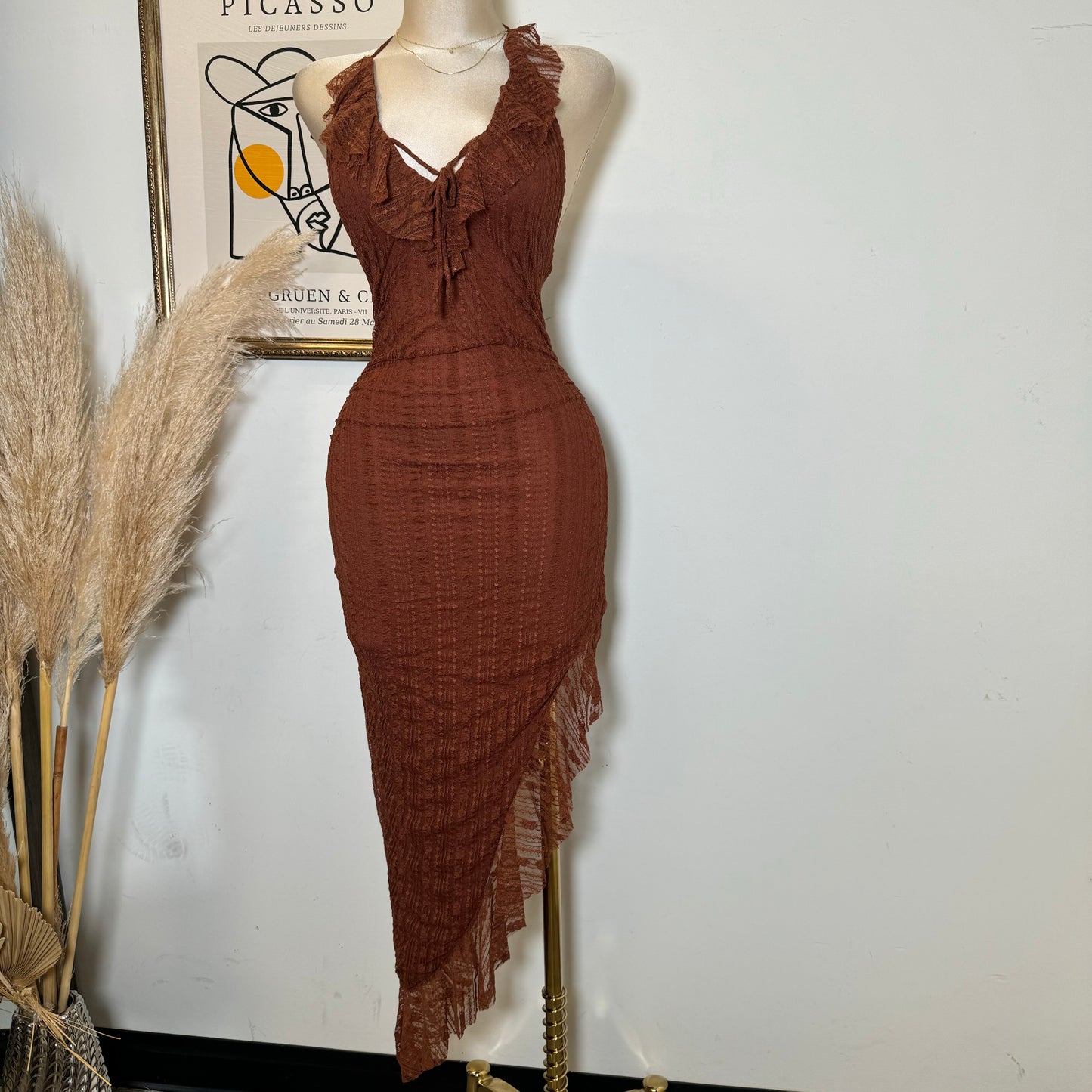 Lace Open Slit Halter Dress-Rust
