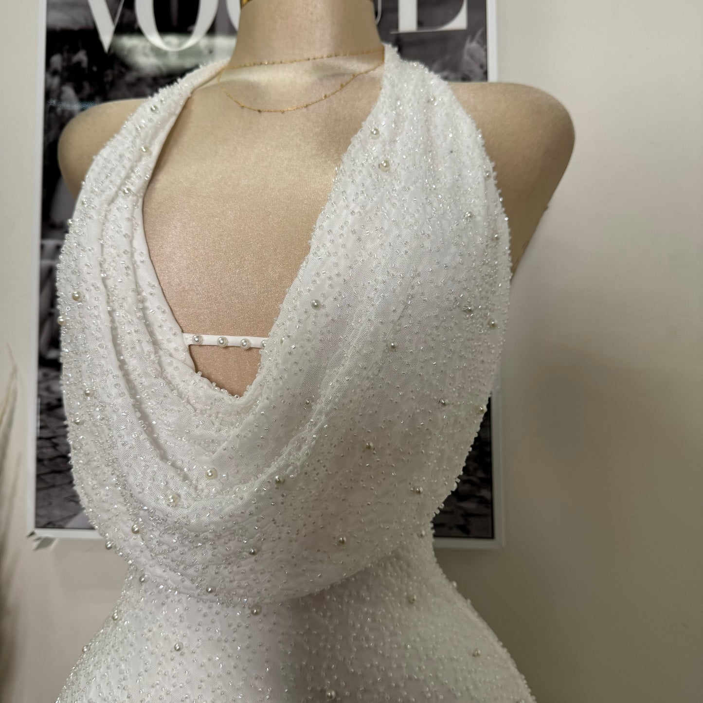 Cowl beaded Halter Dress-White