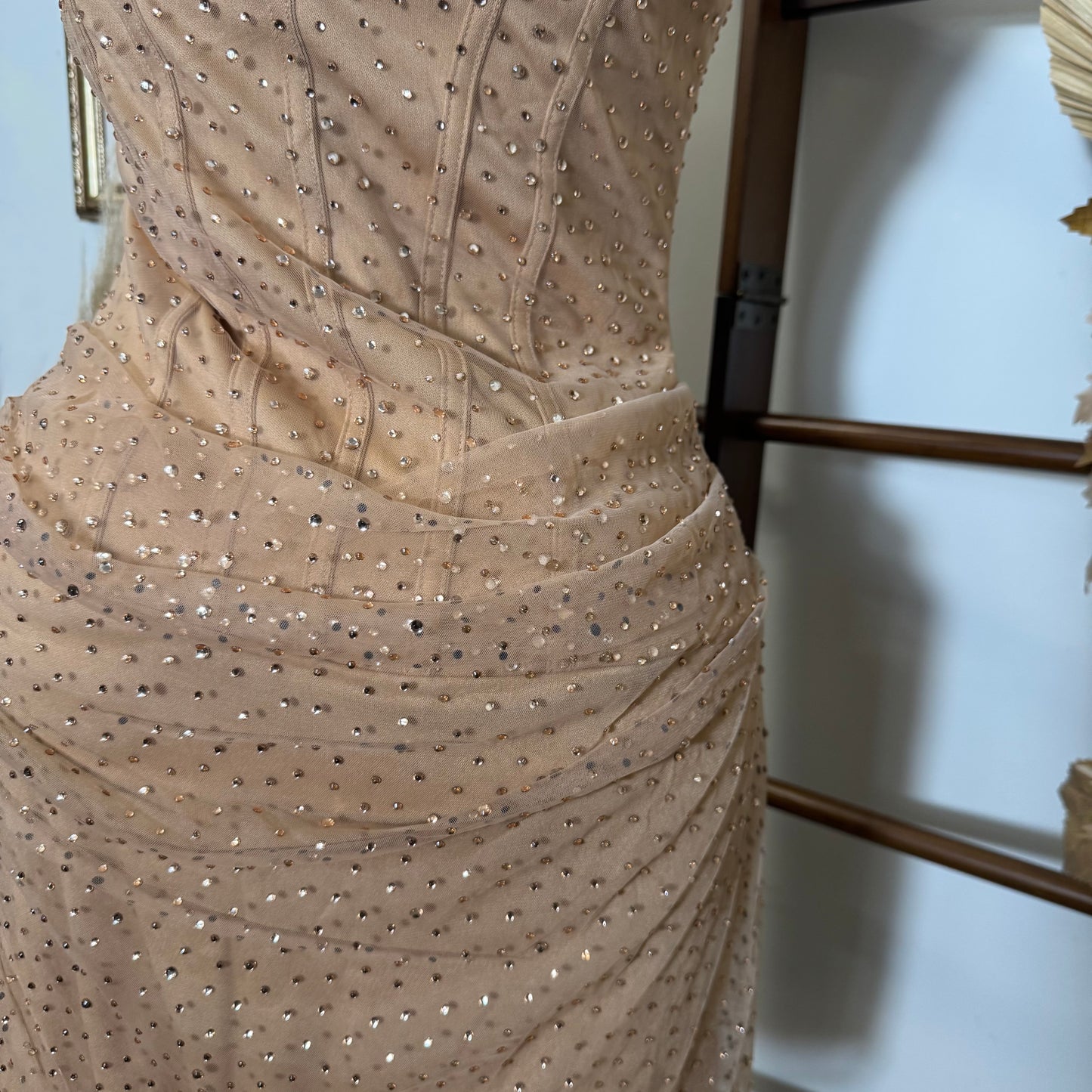 Rhinestone On Overlay Mesh Mini Dress SweetHeart Neckline Adjustable spaghetti Shoulder-Gold