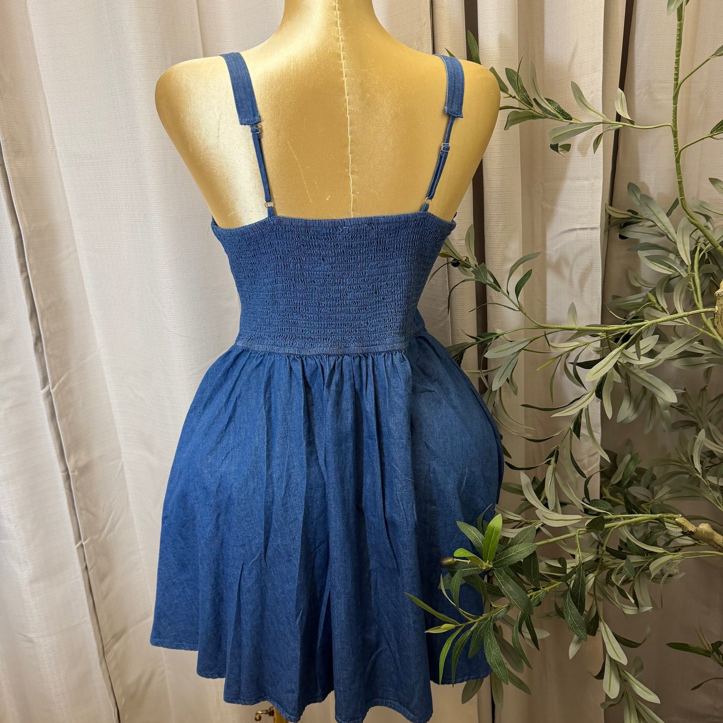 Drawstring Sweetheart Neck Denim Mini Dress-Denim Blue