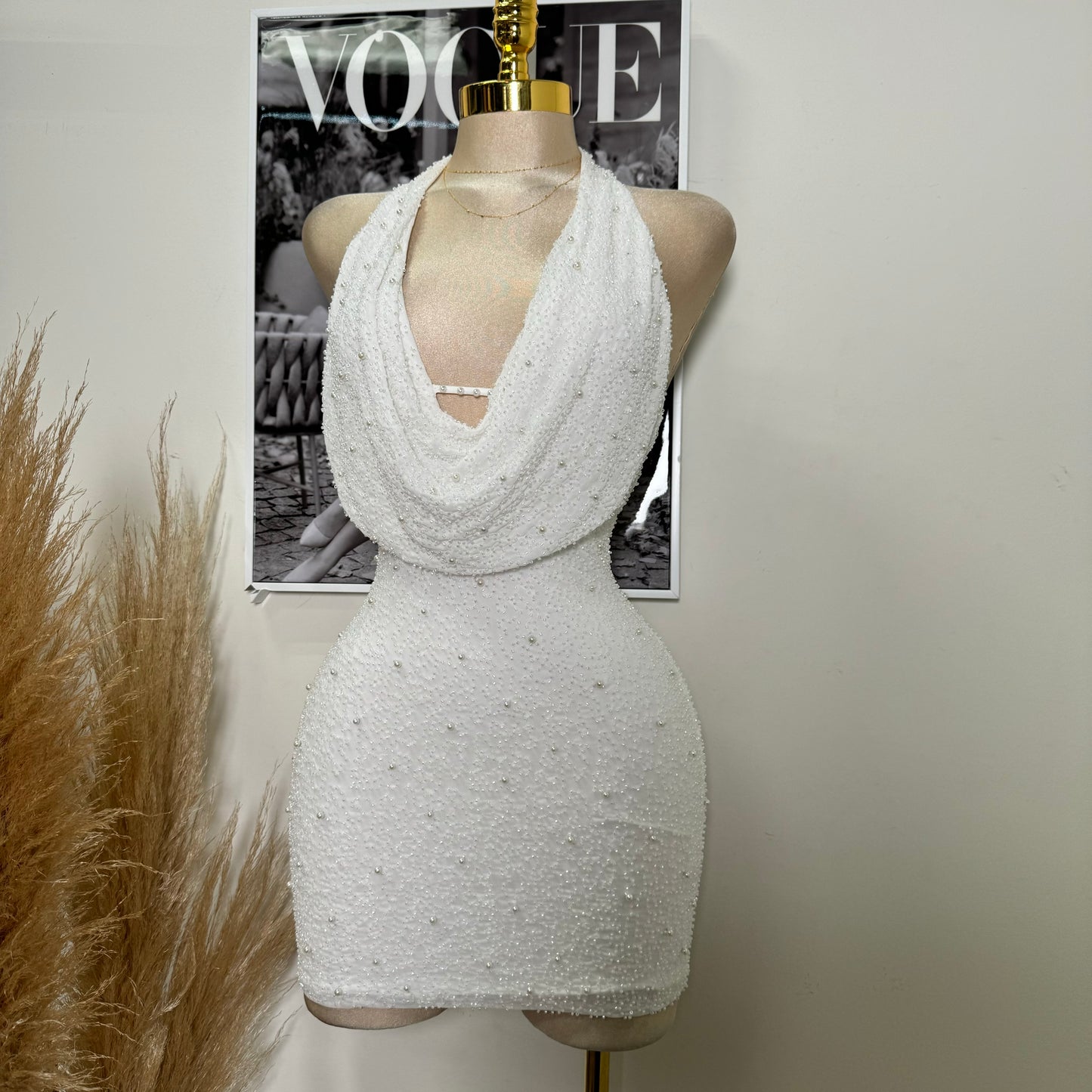 Cowl beaded Halter Dress-White