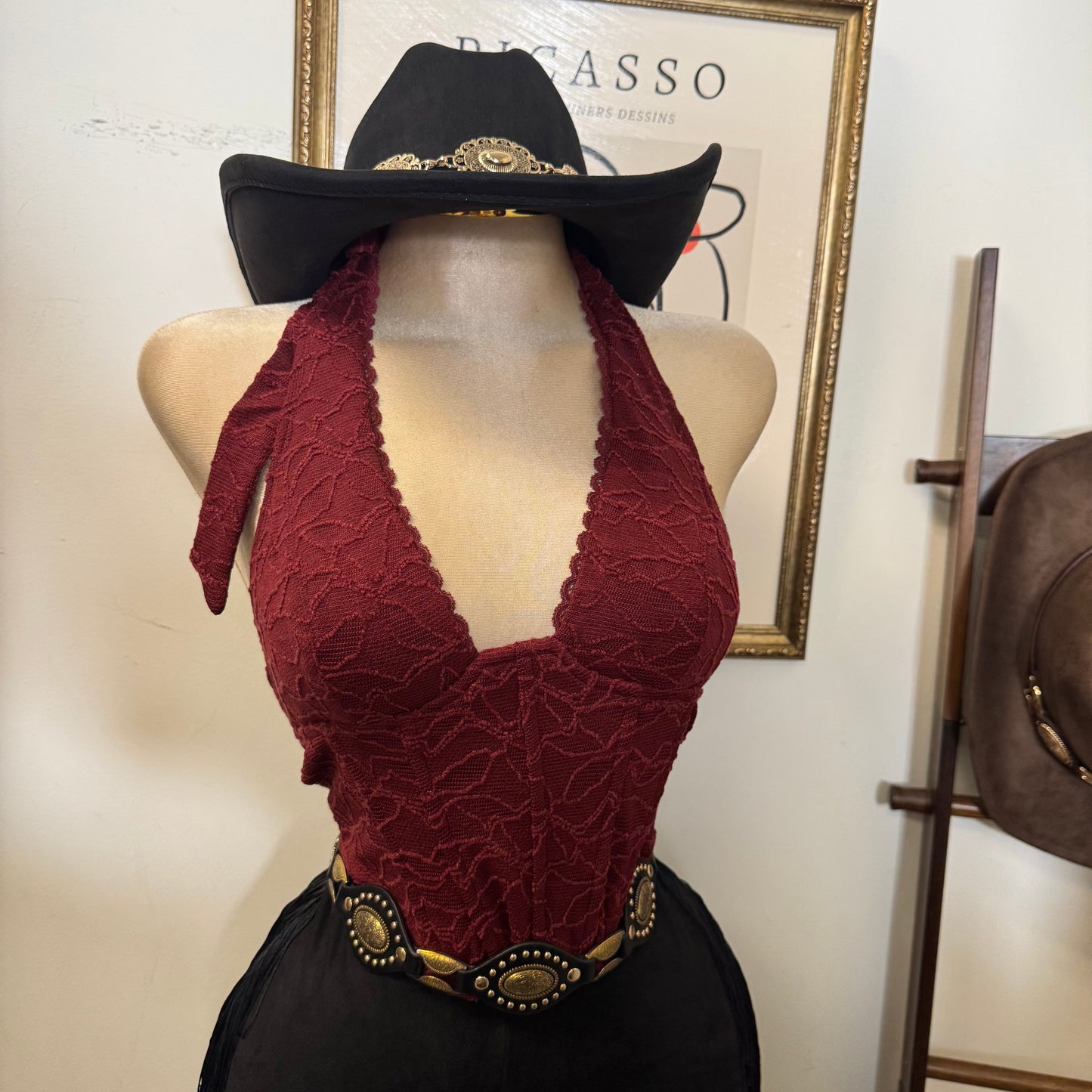 Textured Lace Halter Top-Burgundy