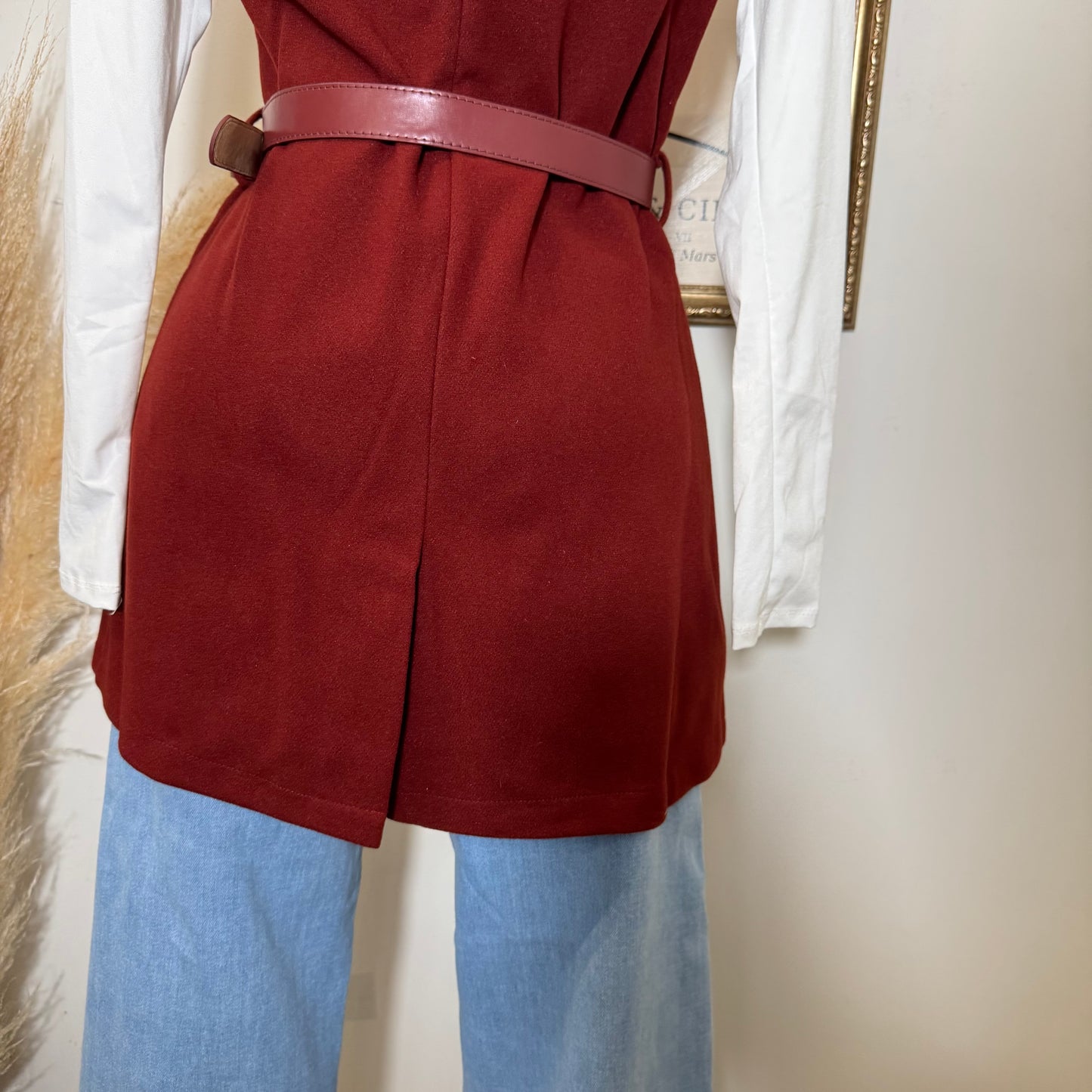 Brush leather Belted Blazer Coat Vest-burgundy