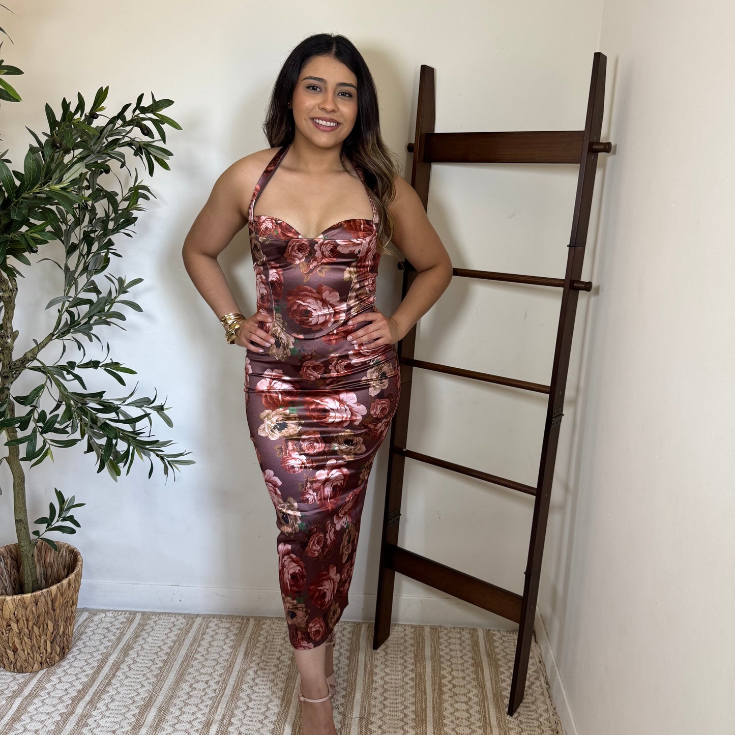 Peekaboo halter Neck Midi Dress-Brown