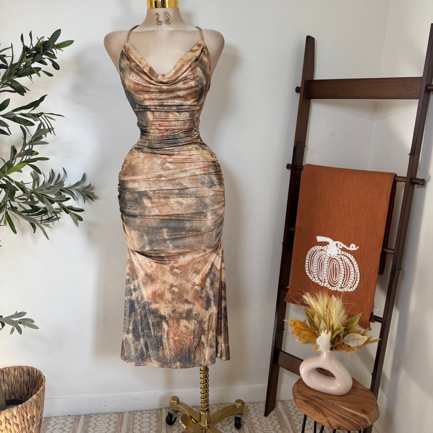 Deep Plunge Halter Neck Ruched A-Line Midi Dress-Brown Gold Multi