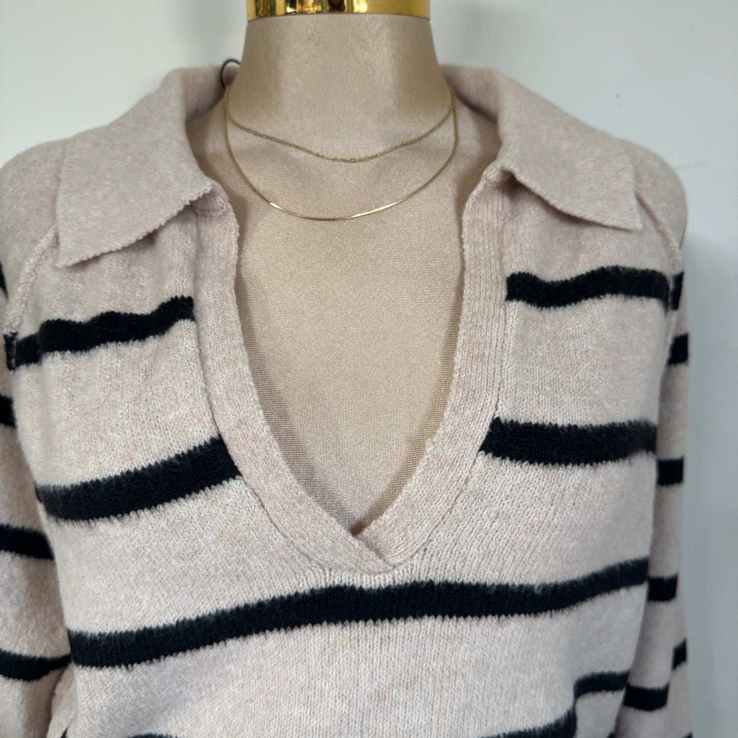 V-Neck Stripes Polo Sweater- Beige