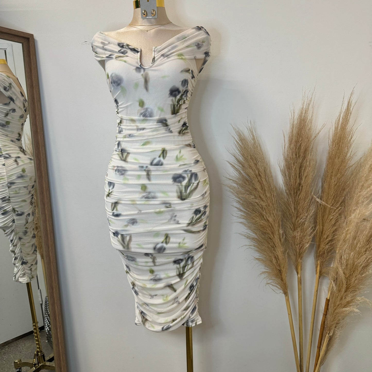 Spring Off shoulder Dress-Cream Multi