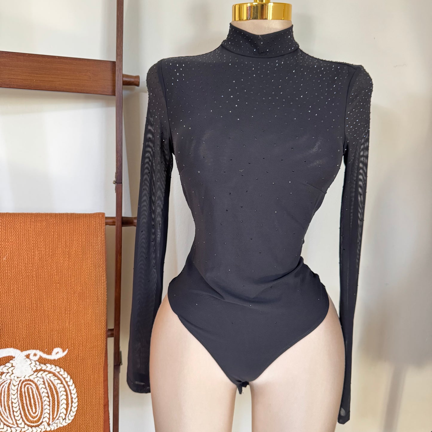 Chic Rhinestone Embellished Mock Neck Bodysuit Top-Black