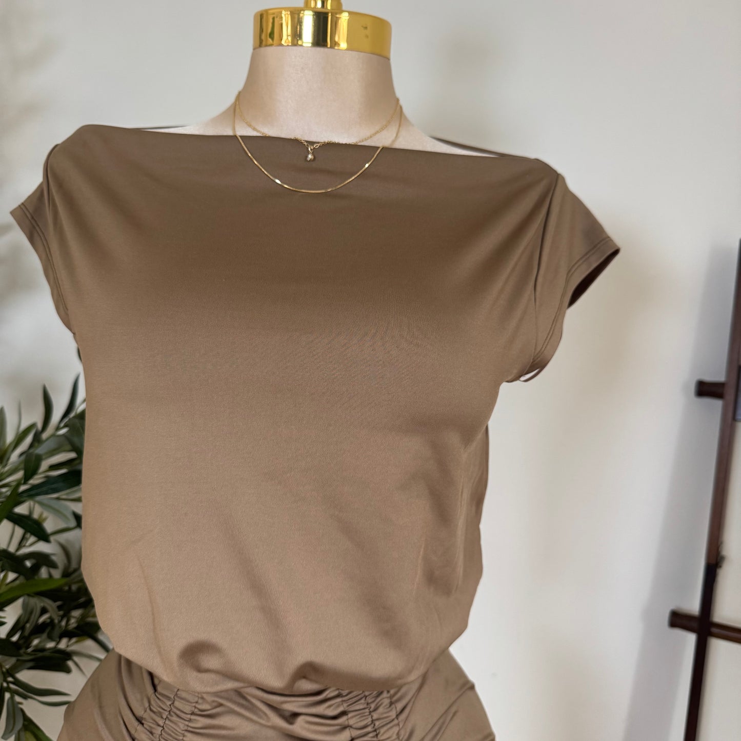 Ruched Elegance Draped Midi Dress-Mocha