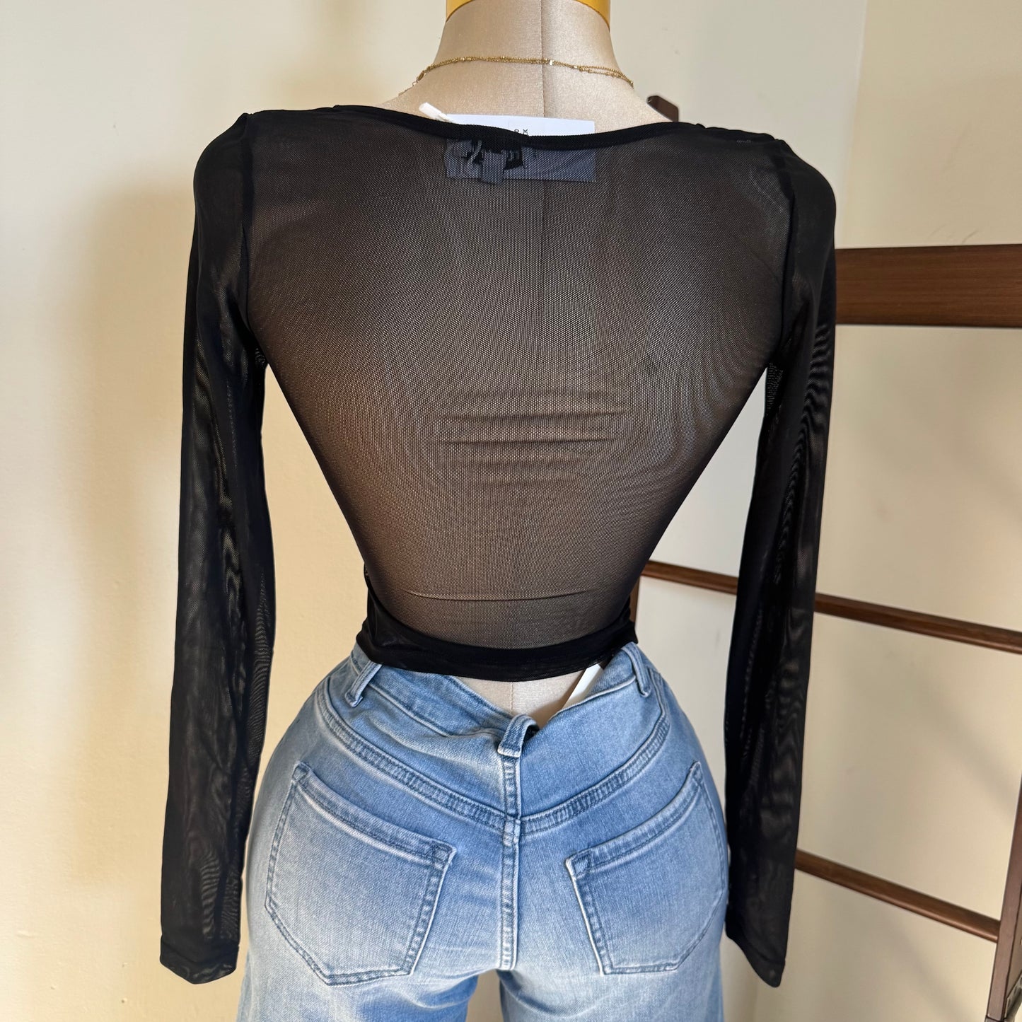 Mesh Long Sleeve Top-Black