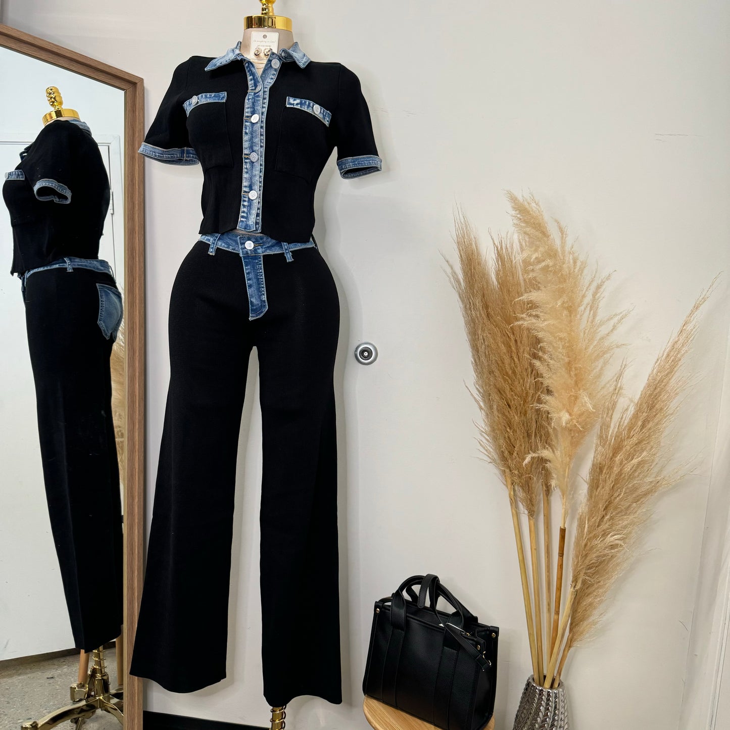 Street Chic Contrast Ribbed Denim Pant Set-black
