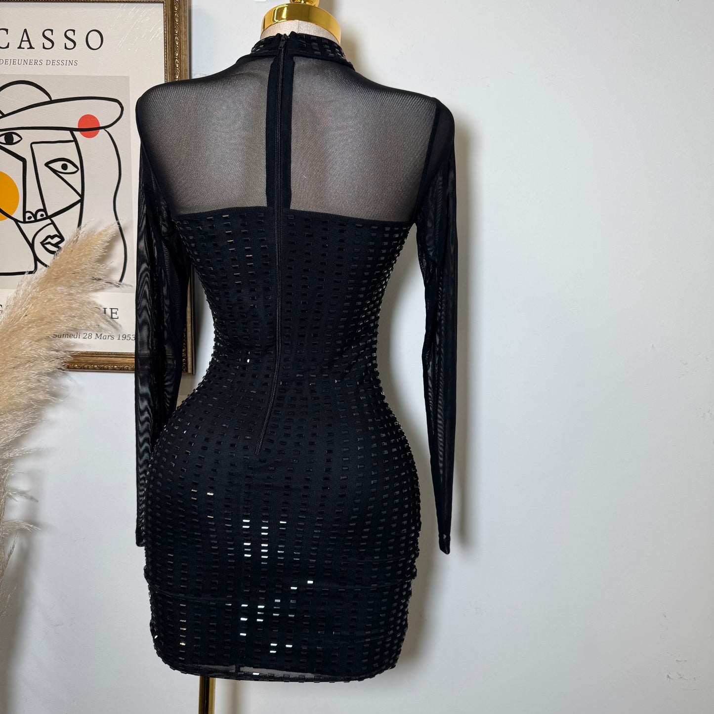 Ivette Rectangle Rhinestone Mini Dress-Black