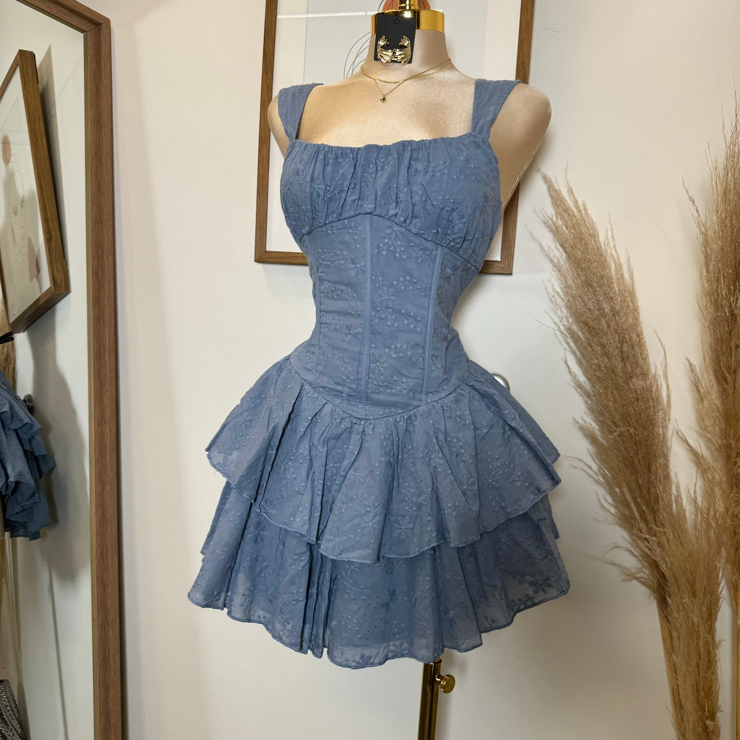 Cotton Corset Double Layer Mini Dress-Blue