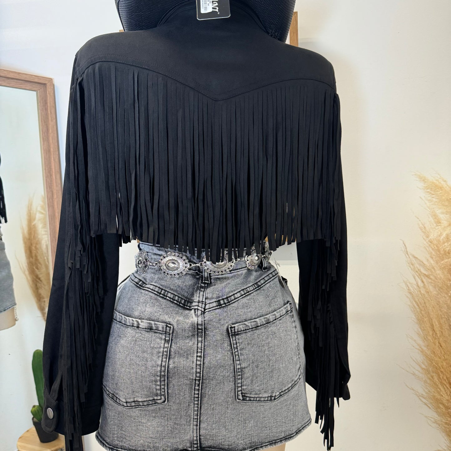 Dime Suede Button Shirt with Fringe-Black