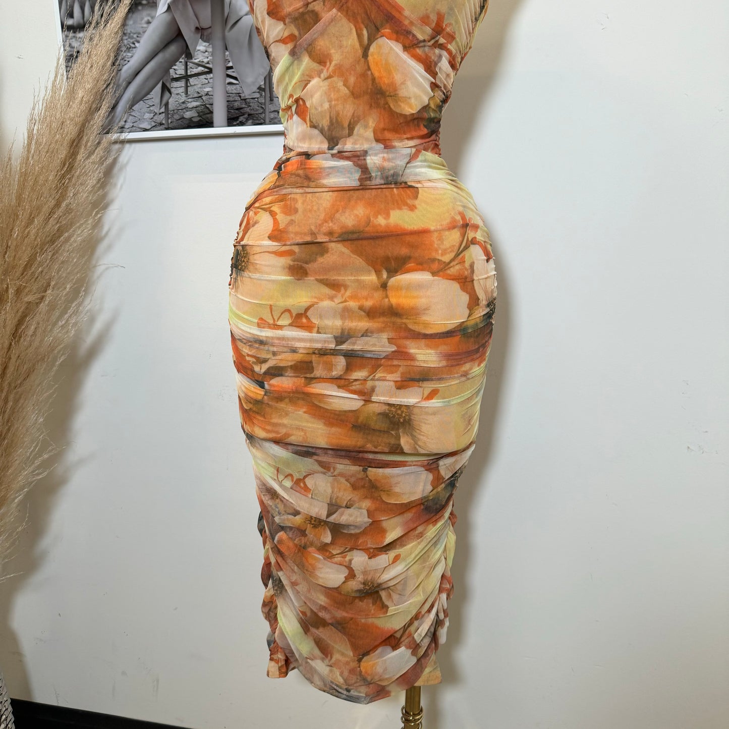 Tropical Sweetheart Neckline Mesh Print Midi Dress-Orange