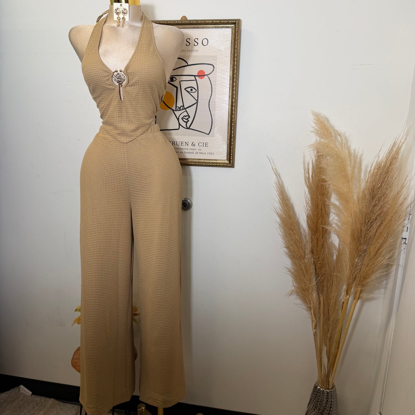 Waffle Knit Seashell Trim Top Wide leg Pant Set-Taupe
