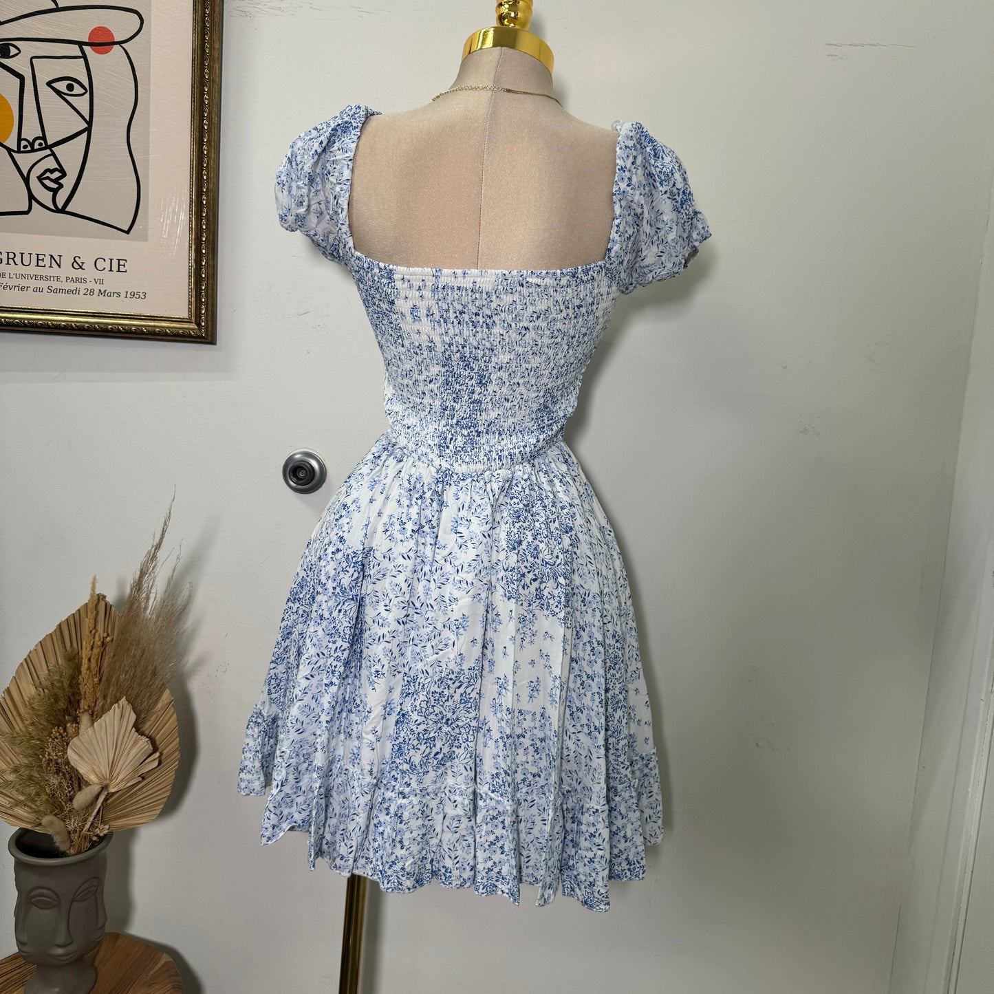 Square Neck Floral Corset Dress-Blue