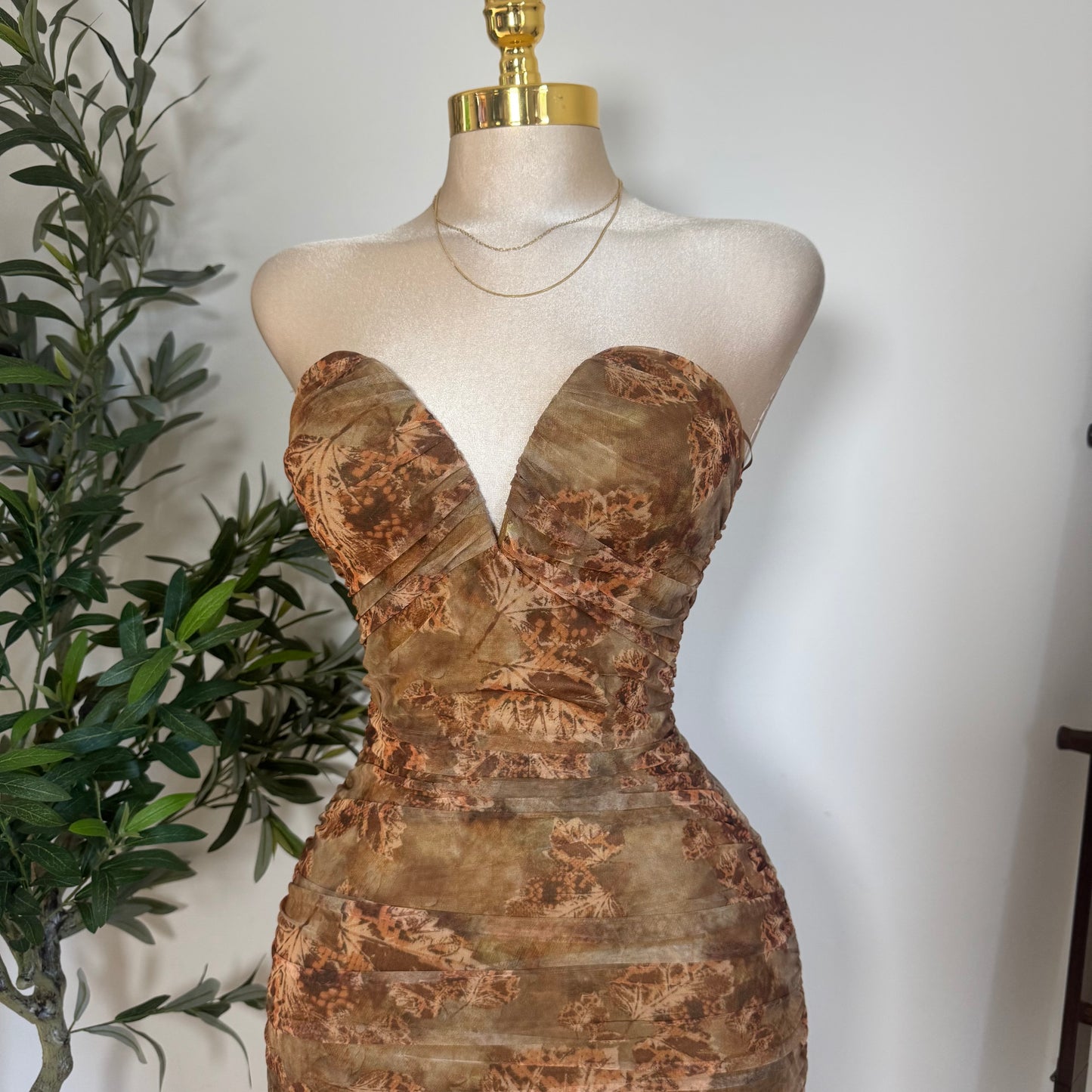 Mesh Print Wire Inset Tube Back Slit Ruching Midi Dress-Brown