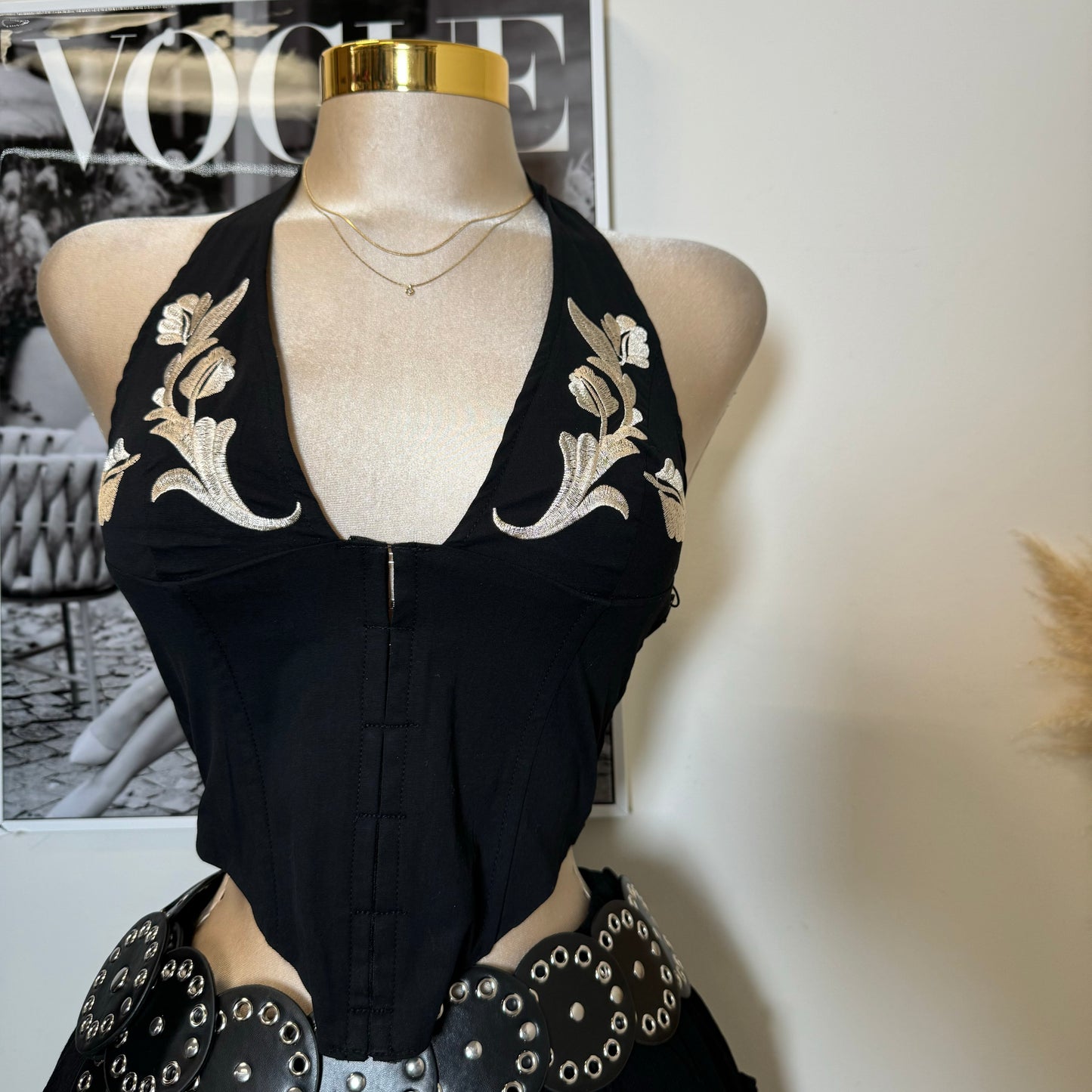 Maisie Western Embroidered Halter Top-Black