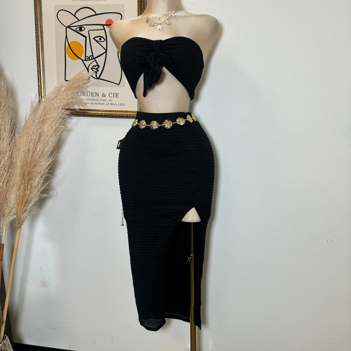 Fishnet Textured Knit Bow Tie Tube Top & Skirt Set-Black