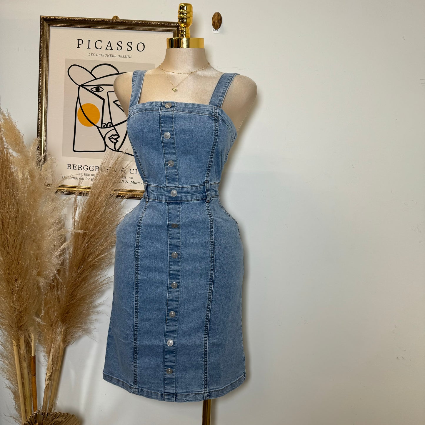 Button Down Placket Denim Dress-Lt Blue
