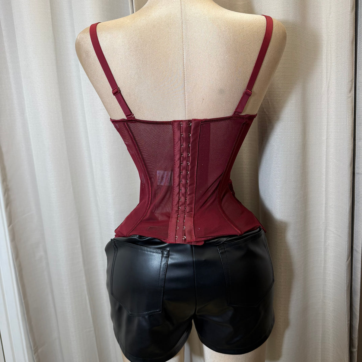 Long Body Mesh flower Corset Top-Burgundy