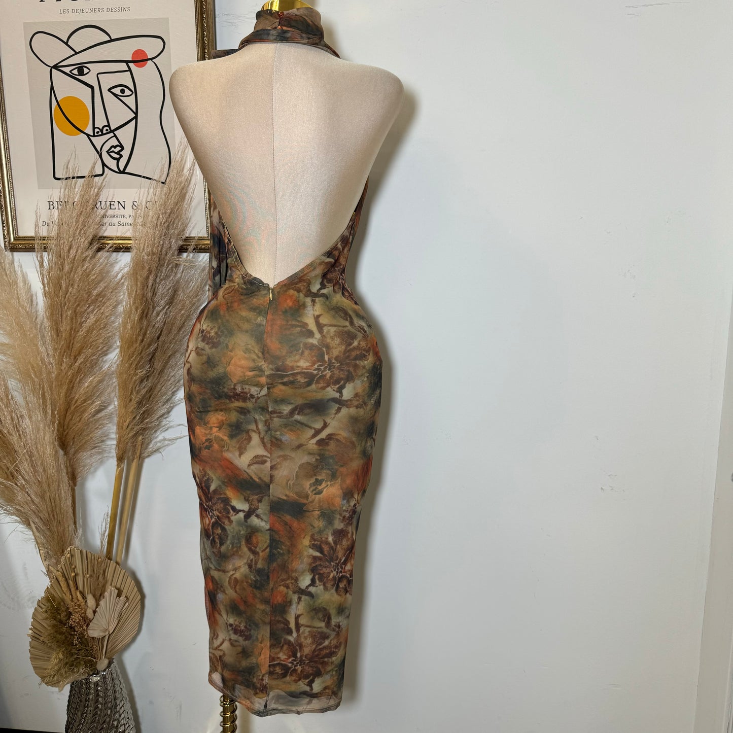 Mesh print Jersey Halter cowl Neck Midi Dress-Brown