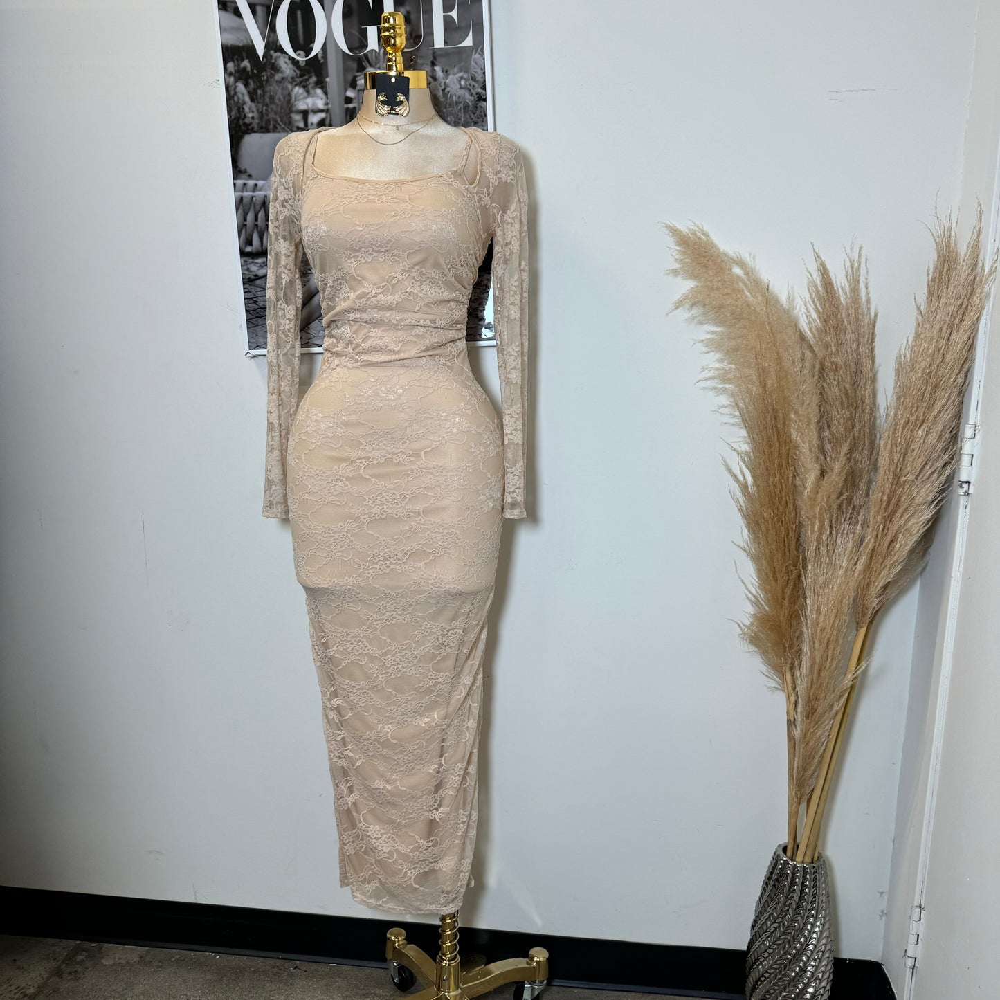 Aimara Lace Long Sleeve  Dress-Beige