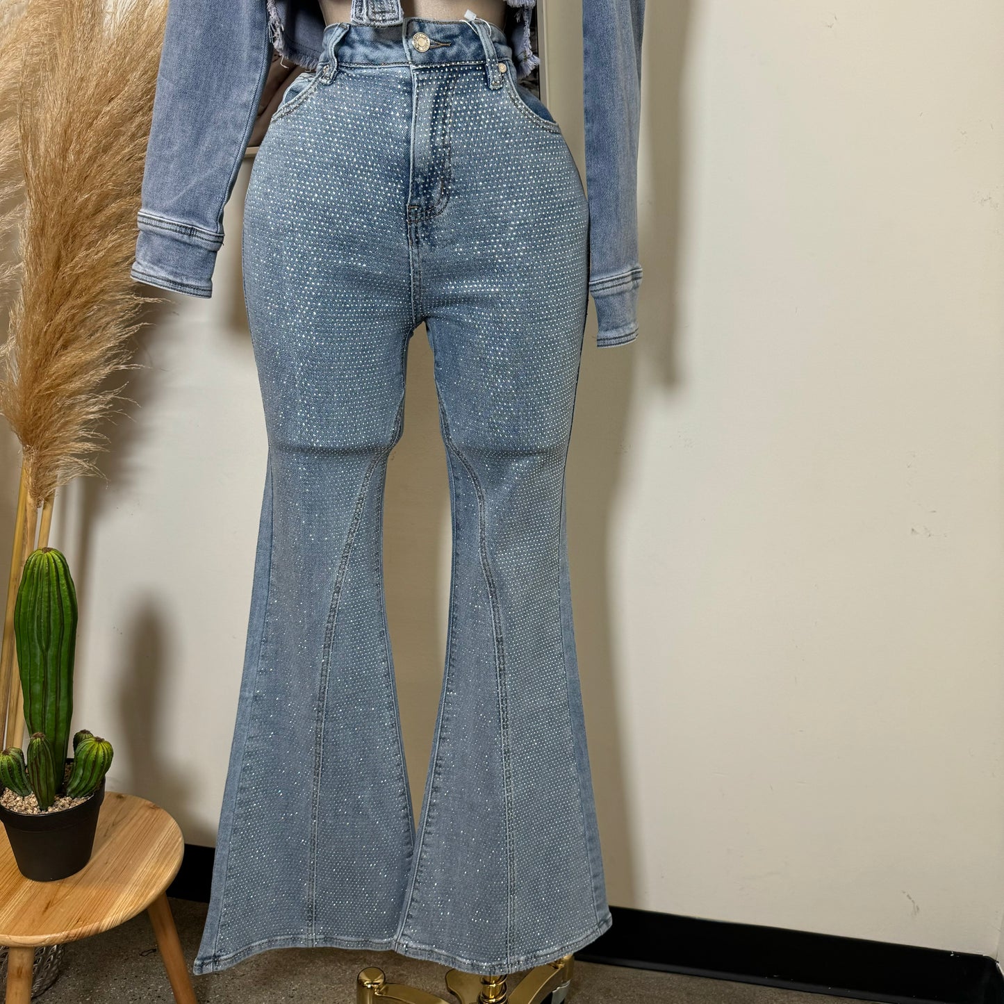 Rhinestone Flare Jeans-Blue