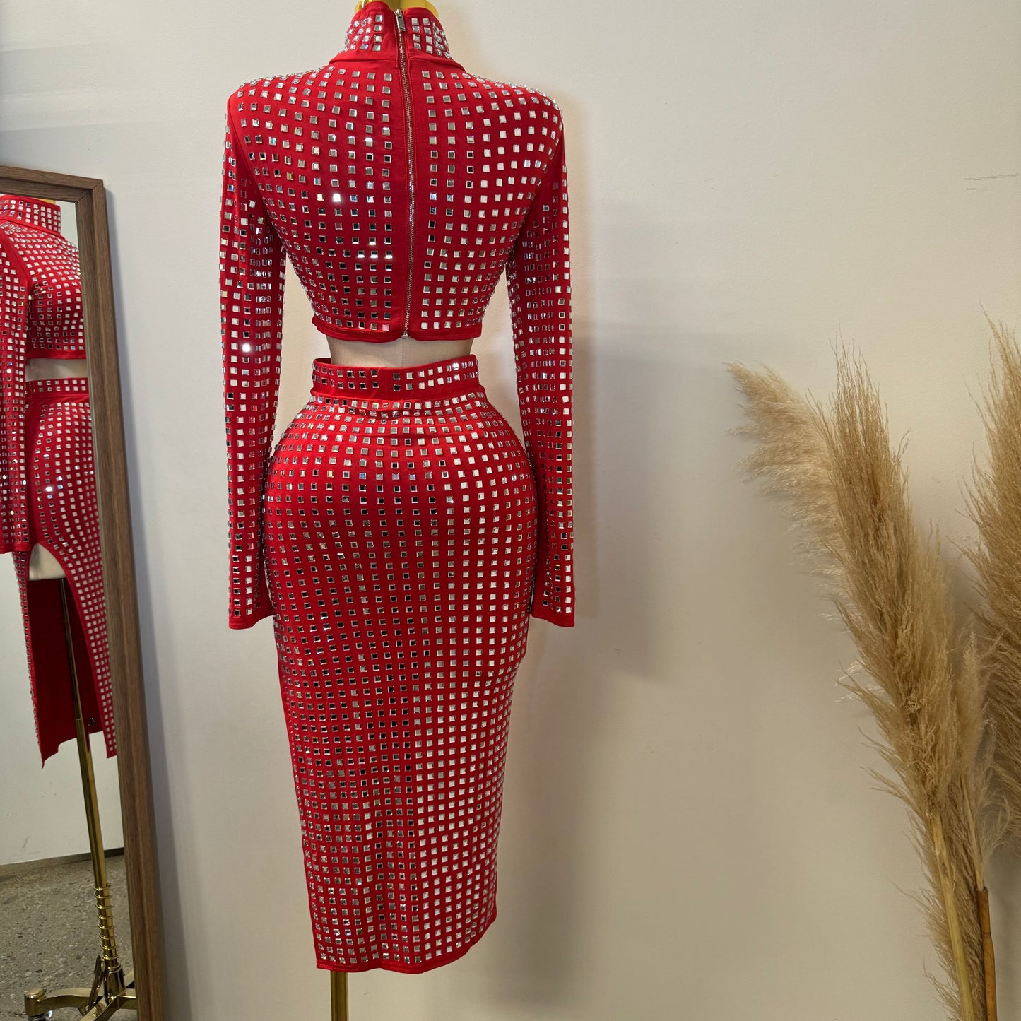 Rhinestone Long Sleeve Skirt Set-Red