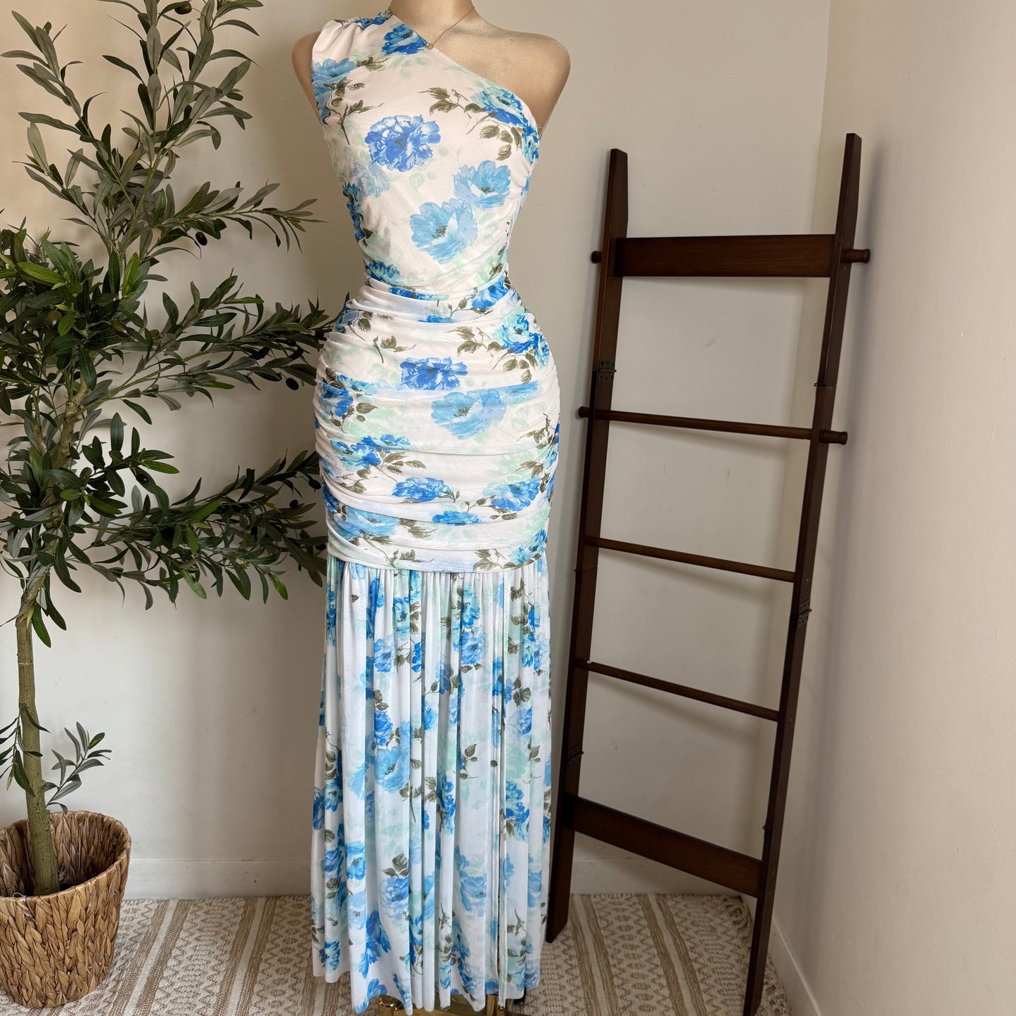 One Shoulder Mesh Maxi Dress-Blue/White