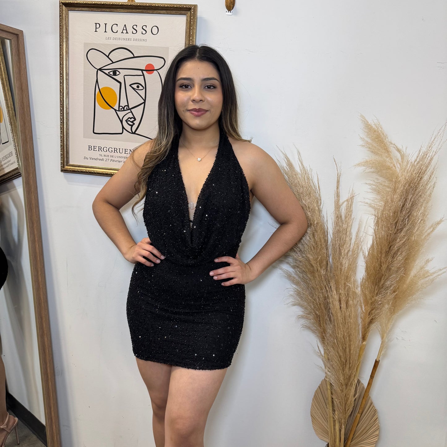 Cowl Sequins Dress-Black