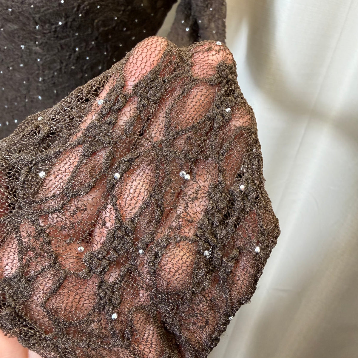 Long Sleeve Rhinestone Lace Dress-Brown