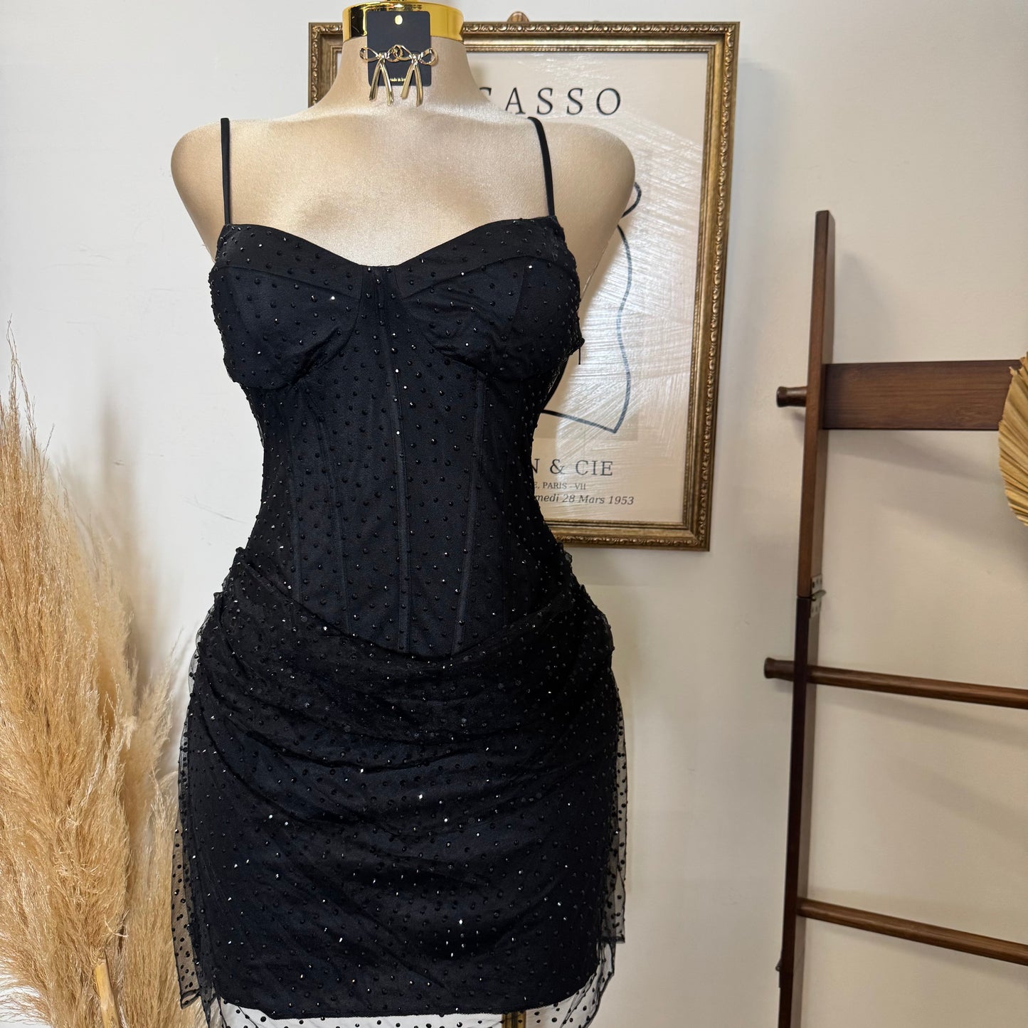 Rhinestone On Overlay Mesh Mini Dress SweetHeart Neckline Adjustable spaghetti Shoulder-Black