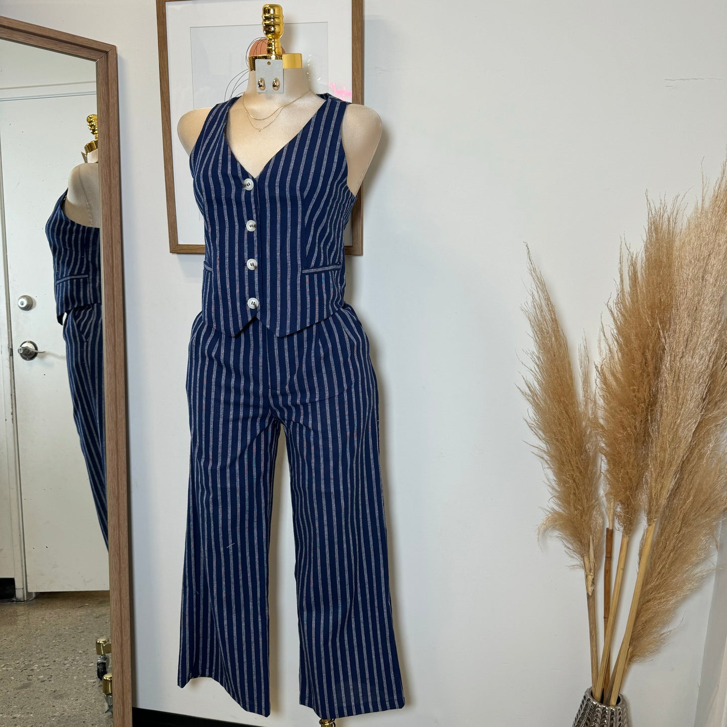Beli Stripes Linen Pant Set-Navy