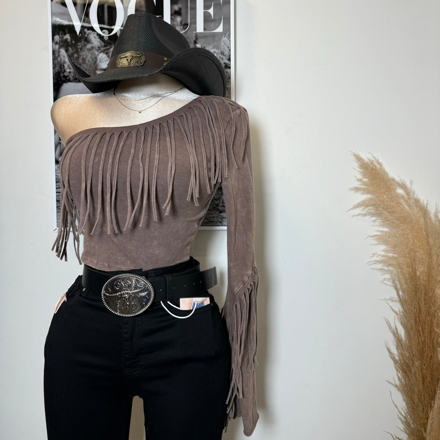 One Shoulder Fringe Top-Brown
