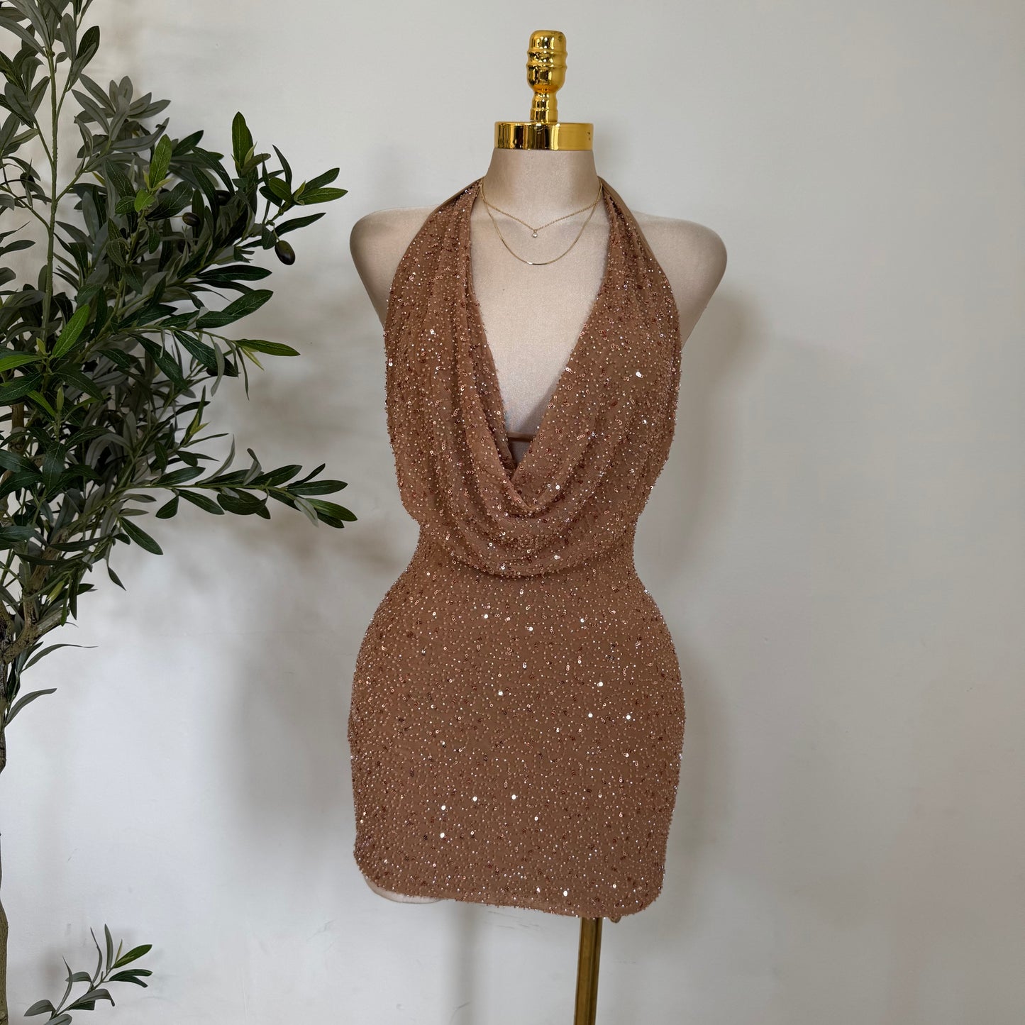Cowl Sequins Dress-Mocha