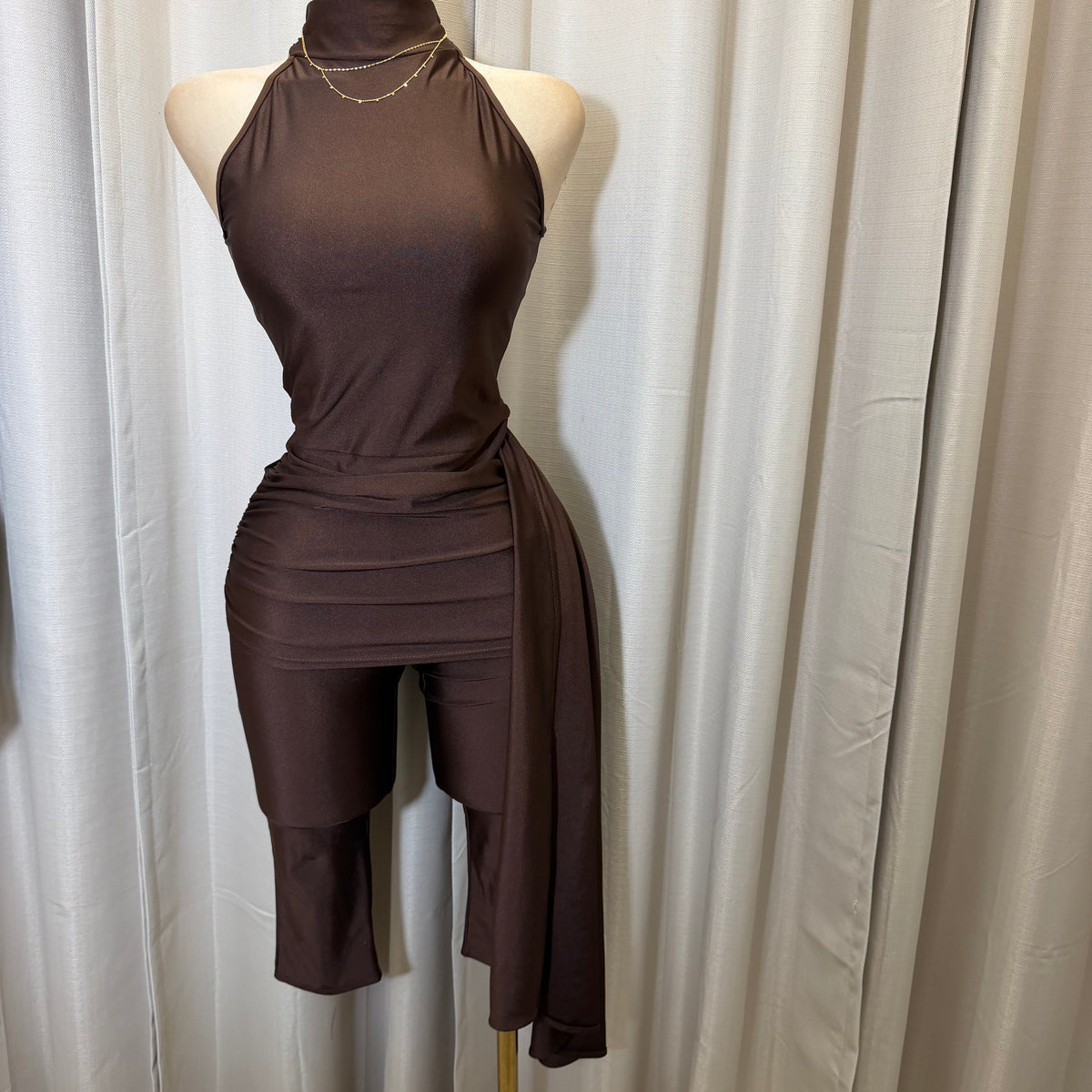 Mock Neck Capri Jumpsuit-Brown