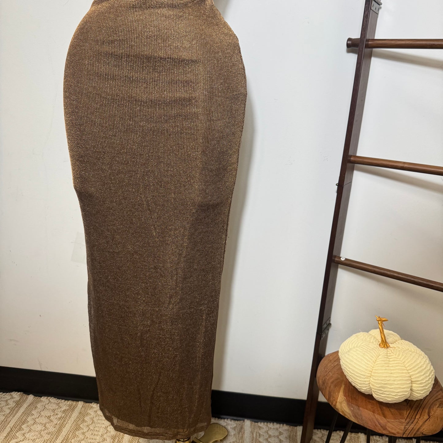 Halter Cowl Neck Metallic Knit Maxi Dress-brown